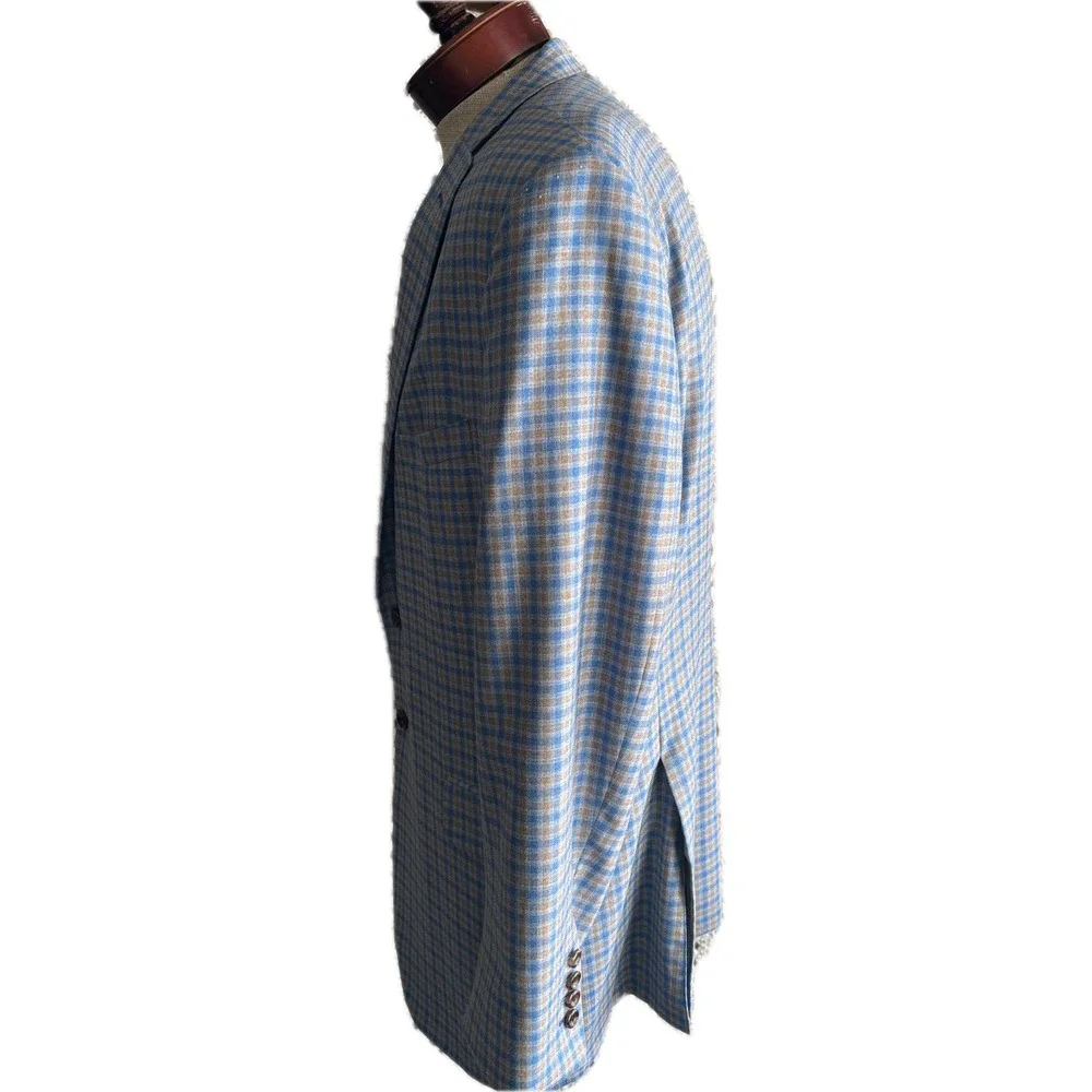 Bespoke Holland & Sherry Tom James Check Wool Sport‎ Coat Tailored Fit Blue 46L